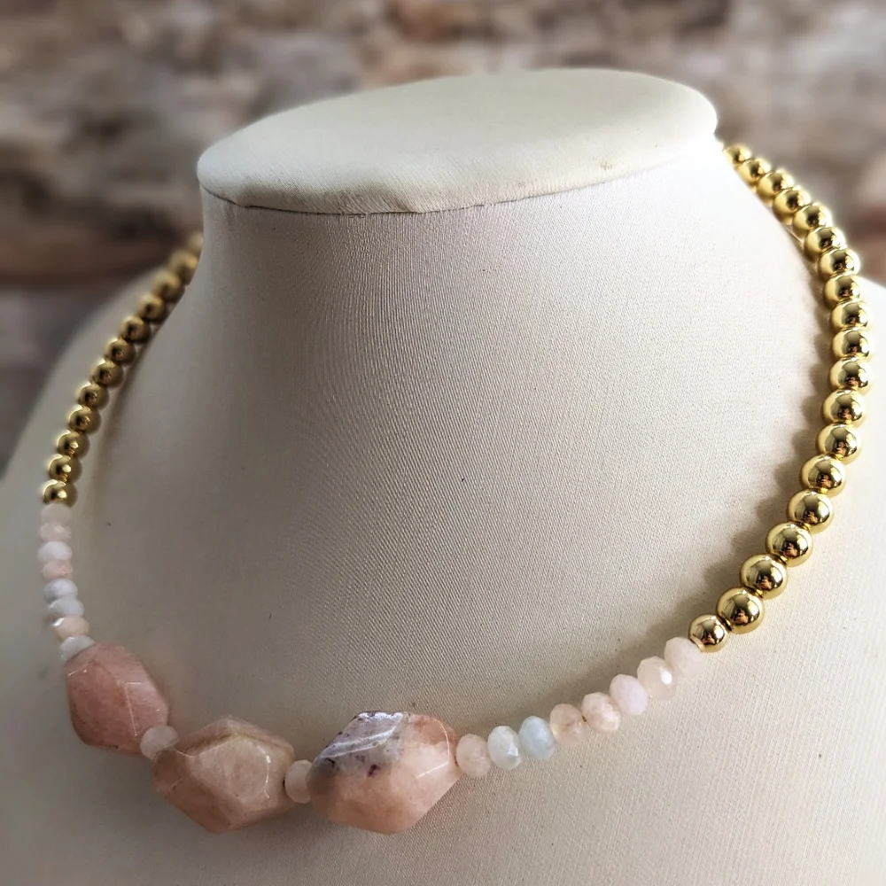 Natural Large Morganite Nugget & Beads With Gold Beads In Choker/Necklace